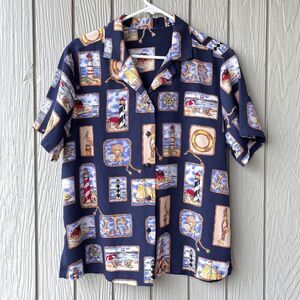 Vintage Lighthouse Nautical Print Shirt Beach Coastal Size L